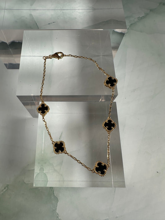 The Alhambra Heritage: 8-Inch Italian 18k Solid Gold & Natural Black Onyx Clover Bracelet